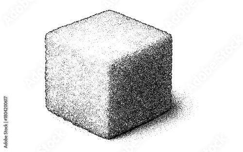 Retro stippled cube with halftone effect in black and white pointillism style