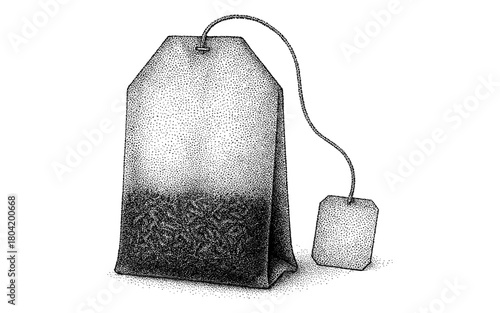 Intricate dotwork tea bag: detailed stipple art for beverage enthusiasts