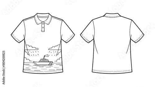 Polo shirt mockup isolated on white background featuring a boat sailing on a lake with mountains and rain in the background, front and back view