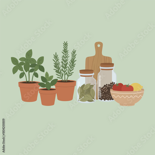 The image shows a group of items arranged on a light green surface, including potted herbs, jars of spices, a cutting board, and a bowl of produce.