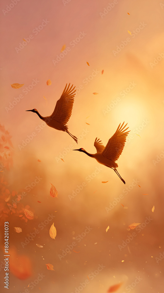 Obraz premium Silhouettes of flying birds against golden orange sunset sky with falling autumn leaves