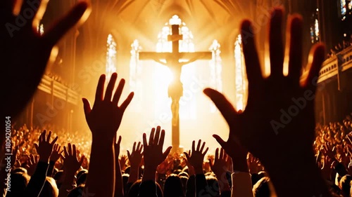 Worshippers raise hands in a church towards a crucifix bathed in golden light creating a spiritual and uplifting scene of faith and devotion during a religious service