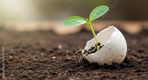 Tiny green seedling emerging from eggshell in fertile earth.