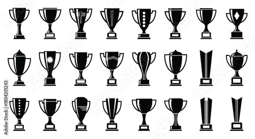 A collection of various black and white trophy illustrations in a row