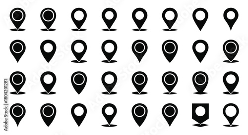 Collection of black location pin icons arranged in a grid pattern