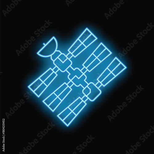 Blue neon sign of international space station orbiting earth on black background