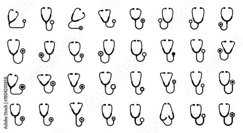 A collection of black and white stethoscope illustrations arranged in a grid pattern