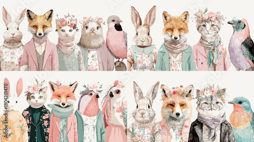 Soft pastel illustration of cute animals wearing floral outfits, scarves and accessories, creating a charming and gentle aesthetic. Ideal for nursery art, greeting cards and cute design themes.