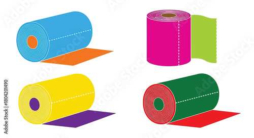 Colorful rolls of tape with varying shades and extending ribbons