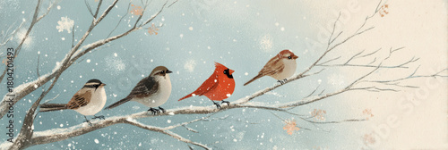 Bright red cardinals and small bullfinches adorn snow-covered branches in a nostalgic Christmas setting, capturing the charm of the 50s and 60s holiday spirit, banner