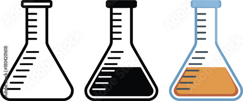 Laboratory Flask Icons In Outline Solid Color beaker , beaker, chemistry, conical, container, erlenmeyer,