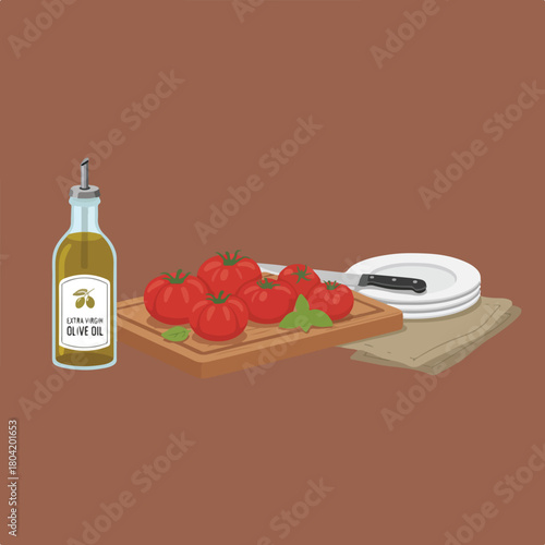Still life arrangement featuring tomatoes, a knife, plates, a napkin, and a bottle of extra virgin olive oil on a wooden cutting board.