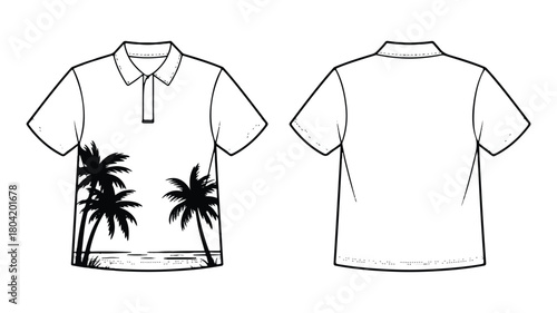 Front and back view of a white polo shirt with palm tree design isolated on white background, showcasing a tropical and summery garment design