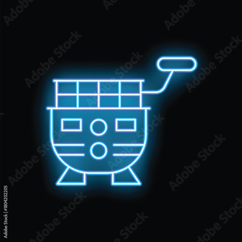 Blue neon icon of a deep fryer glowing against a black background