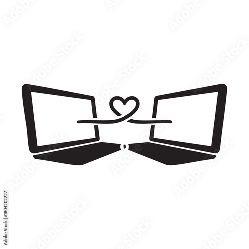 Black and white vector of two laptops connected by heart cable Valentines Day online love icon