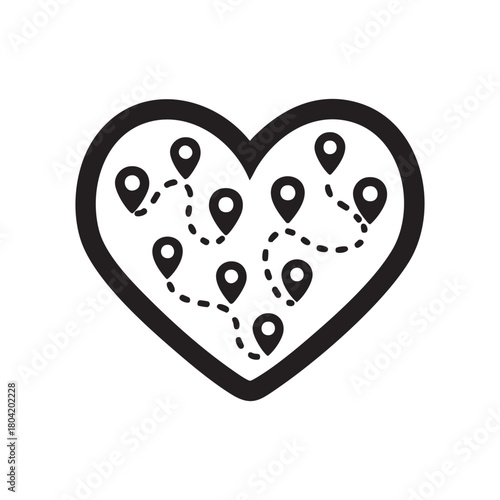 Valentine's Day Heart Map Icon with Location Pins and Dotted Romantic Route Black and White Vector