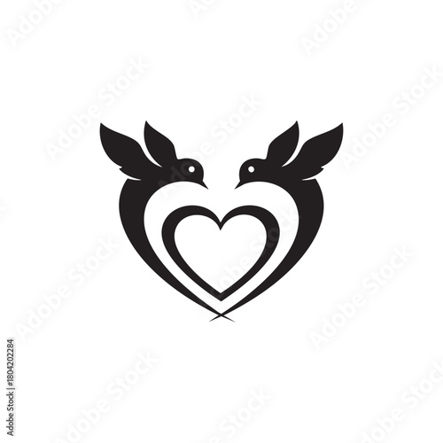 Black and White Valentine Heart Vector with Two Love Birds Symbol for Romantic Cards and Logos