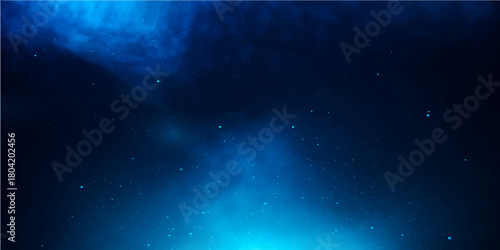 Bright blue night sky with glowing stars and abstract clouds illuminates the deep space of the universe with a supernova and distant galaxy