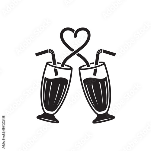 Valentine milkshake vector two glasses with intertwined heart straws romantic black and white love icon