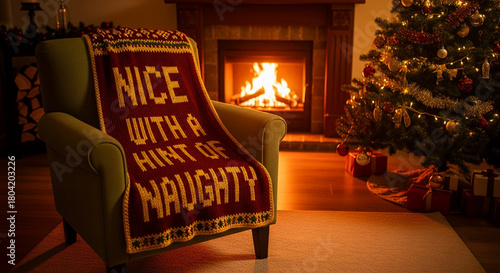 Interior scene with armchair and festive Christmas tree, cozy fireplace, and textual blanket, representing holiday warmth, festive cheer and seasonal spirit