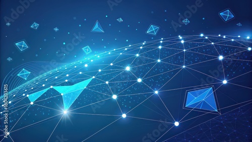 Dynamic glowing network of digital connections and abstract geometric shapes creating a futuristic abstract background for technology and innovation concepts