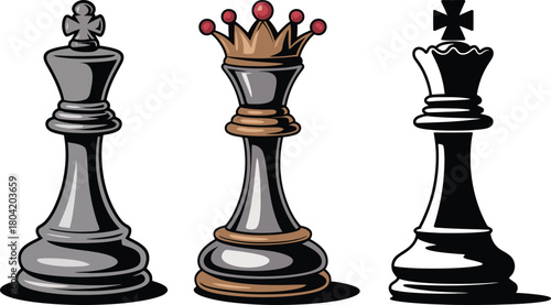 Three chess pieces king and queen isolated on white ground