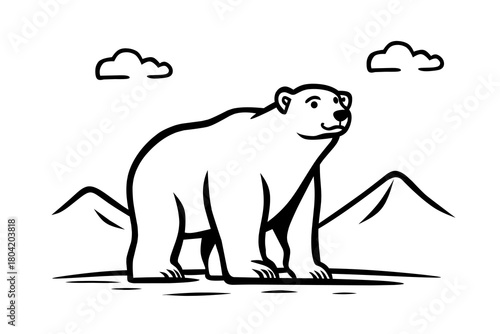 Polar Bear Line Art Illustration with Mountains and Clouds
