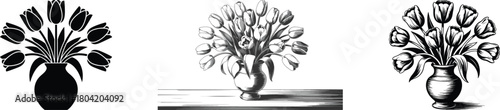Three vases with tulips in different graphic styles shown