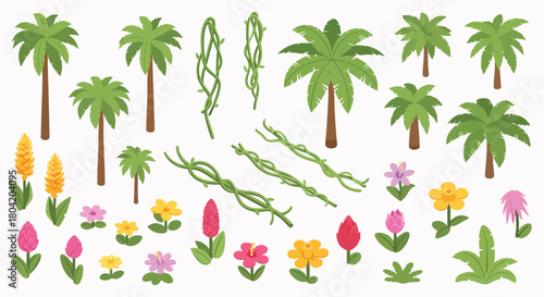 Isometric tropical jungle plants flowers palms vines collection vector illustration flat design nature summer travel exotic paradise set