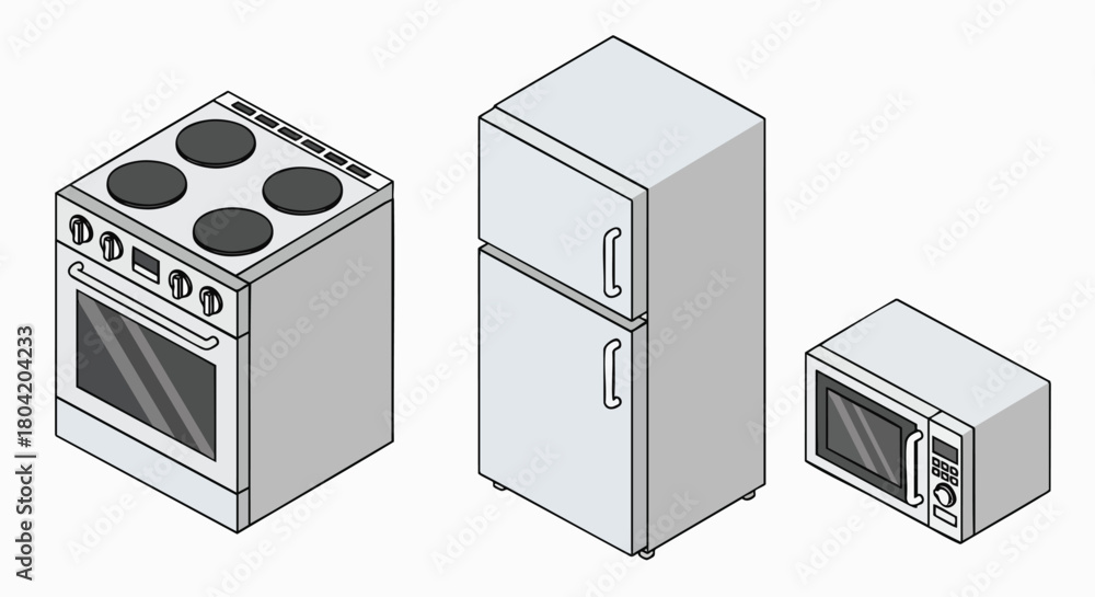 Fototapeta premium Isometric kitchen appliances set stove refrigerator microwave vector illustration home cooking oven electronics equipment flat design modern icon