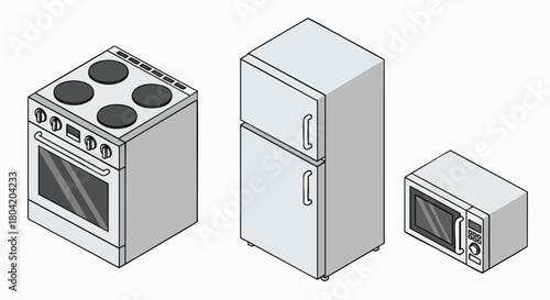 Isometric kitchen appliances set stove refrigerator microwave vector illustration home cooking oven electronics equipment flat design modern icon