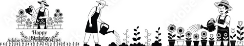 People watering plants in a garden line art illustration