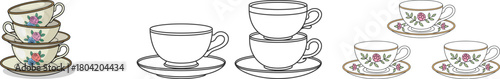 Assorted teacups and saucers in various styles and colors