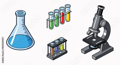Cartoon laboratory equipment set scientific research tools vector illustration flat design chemistry biology science experiment discovery