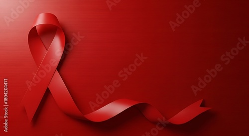 Aids awareness red ribbon on a red wooden background, symbolizing support for people living with hiv and aids and promoting prevention and treatment