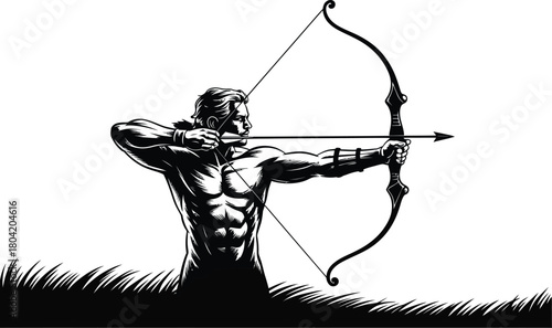 Archer drawing bow in black and white vector illustration