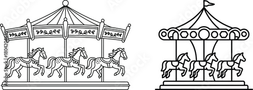 Two carousel outlines with horses and decorative tops shown