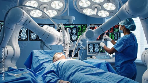 Robotic surgery performed by advanced medical robots with a surgeon overseeing the procedure in a modern operating room with advanced medical imaging displayed on monitors
