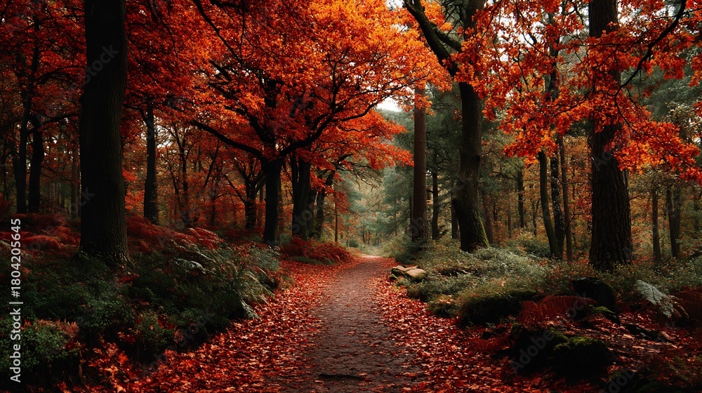 Naklejka premium Serene autumn forest path covered with vibrant red and orange leaves leading through nature's beauty
