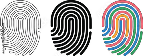 Three Fingerprint Icons In Outline Silhouette And Color Keywords: fingerprint, icon, identity, security, scan, biometric, data, personal, unique