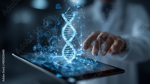 Doctor with tablet showing DNA helix and network icons, AI healthcare sector