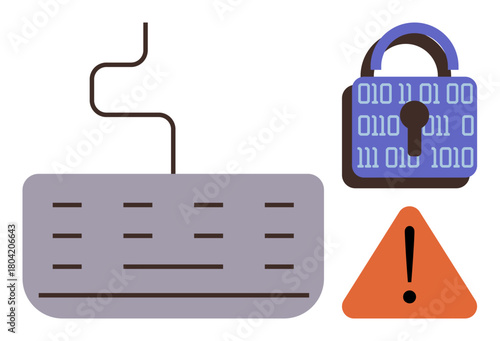 Wired keyboard, binary-coded lock, and triangular warning sign emphasizing online security, data protection, and risk prevention. Ideal for technology, safety, IT security, hacking privacy systems