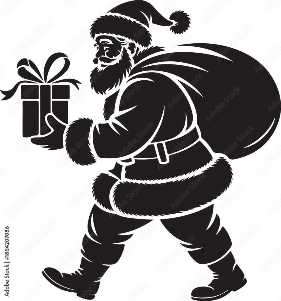 Fototapeta premium Christmas Santa claus with gift silhouette vector illustration isolated on a white background