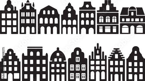 Laser cut Amsterdam style houses. Silhouette of row typical Dutch canal houses in the Netherlands. Stylized facade of old buildings. Wood carving, paper cut vector template. Background for banner