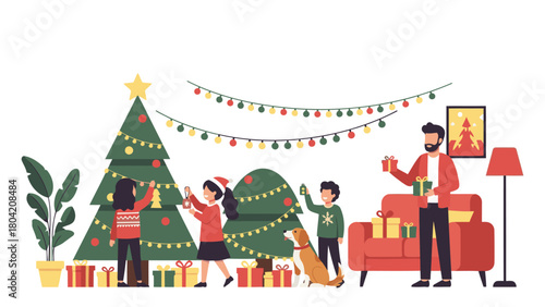 Family decorating Christmas tree and preparing for holiday celebration.