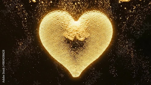 Golden Heart Formation from Sparkling Particles on Black Background.