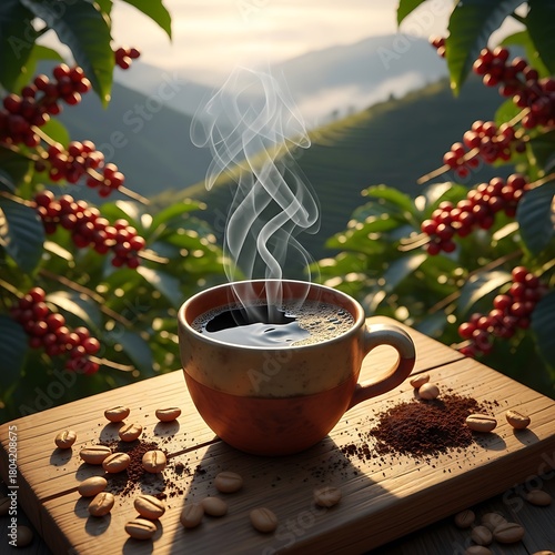 cup of coffee with beans and cinnamon