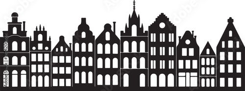 Laser cut Amsterdam style houses. Silhouette of row typical Dutch canal houses in the Netherlands. Stylized facade of old buildings. Wood carving, paper cut vector template. Background for banner