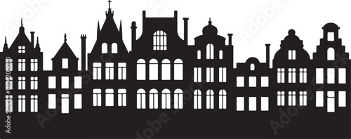 Laser cut Amsterdam style houses. Silhouette of row typical Dutch canal houses in the Netherlands. Stylized facade of old buildings. Wood carving, paper cut vector template. Background for banner