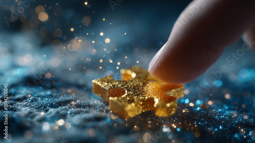 Golden puzzle piece touched by finger on glittery surface reverse marketing concept with shallow focus and bokeh lighting conveying luxury and strategy